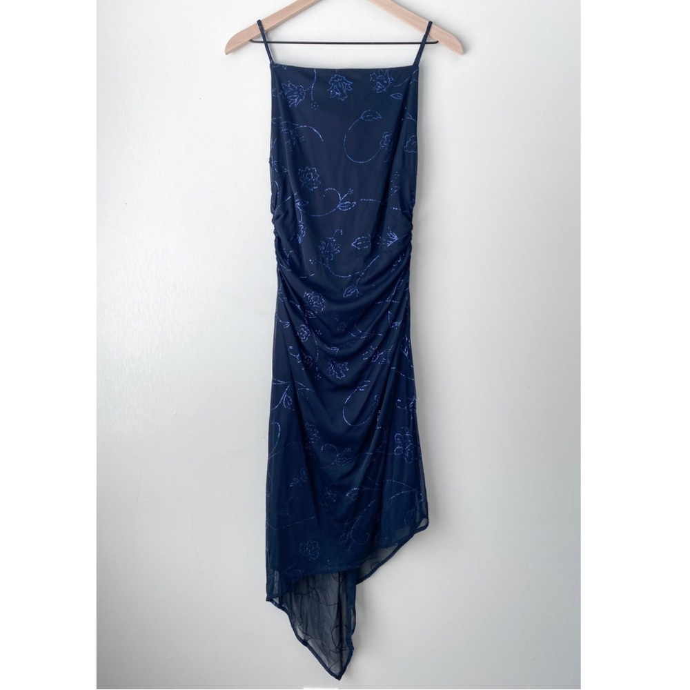 Vintage Y2K Glitter Square Neck Asymmetric Ruched Whimsical Fairy Midi Dress